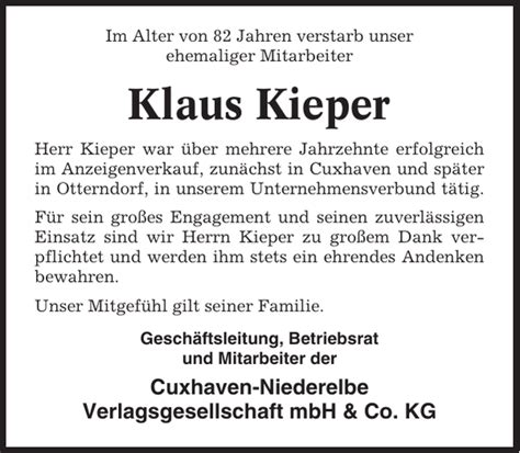 Klaus Kieper Danksagung Cuxhavener Nachrichten