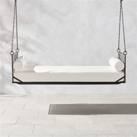 Zora Modern Black Rattan Outdoor Hanging Daybed With White Sunbrella