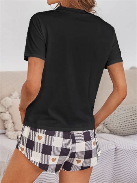 Conjunto Pijama Camiseta Gráfica de Letra Shorts Xadrez Vermelho