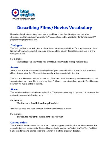 Describing movies vocab list - Describing Films/Movies Vocabulary Below