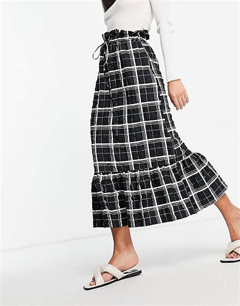 Asos Design Midi Skirt In Textured Mono Check Print Asos