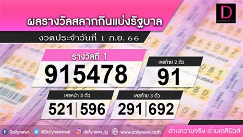 ตรวจหวย งวด 1 กันยายน 2566 เดลินิวส์ ลอตเตอรี่ หวย ตรวจผลสลากกินแบ่งรัฐบาล