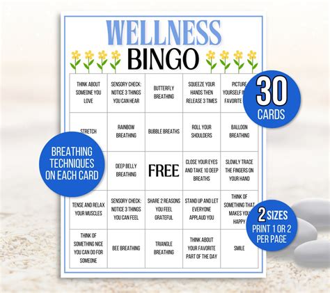 Wellness Bingo 30 Wellness Bingo Cards Mindfulness Bingo Mindfulness