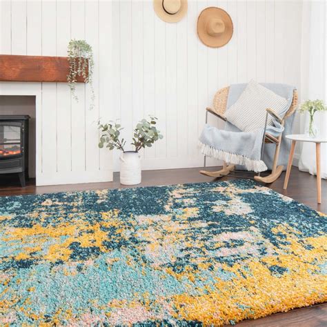 navy blue ochre shaggy rug super soft colourful distressed abstract