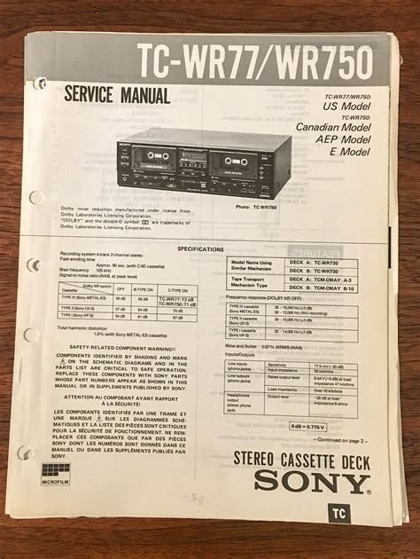 Sony Tc Wr77 Tc Wr750 Tape Cassette Service Manual Original Vintage