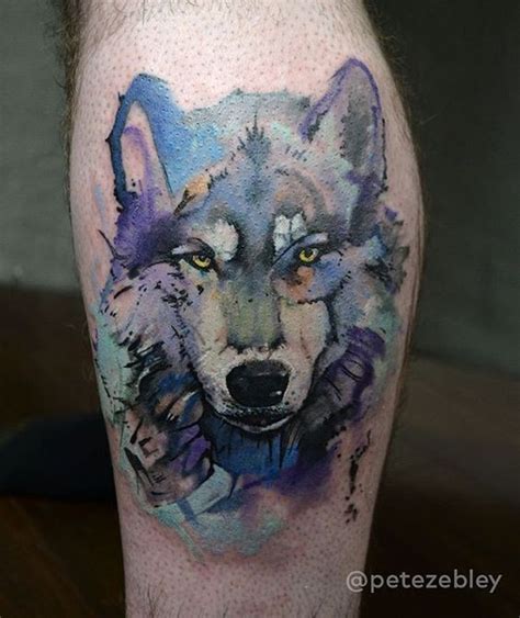 Watercolor Style Nice Looking Leg Tattoo Of Wolf Head Tattooimagesbiz