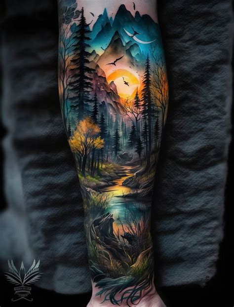 Tattoo Mountains Forest River Sunrise In Color Release On The Forearm