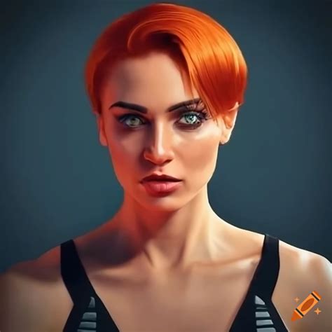 Portrait Of A Woman With Short Red Hair And Green Eyes In Futuristic