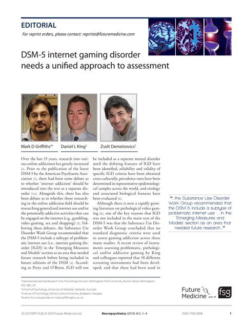 PDF DSM 5 Internet Gaming Disorder Needs A Unified Approach To Assessment