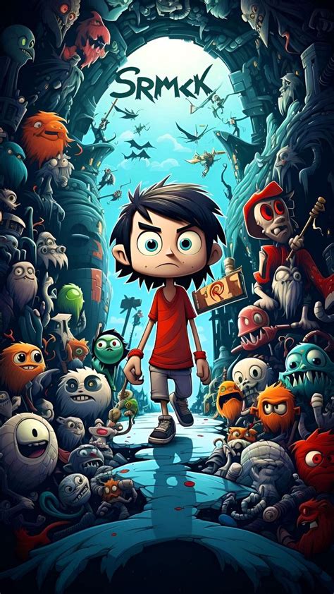 Wallpaper boy, cave, monsters, dragons, inscription, cartoon, art 4K by