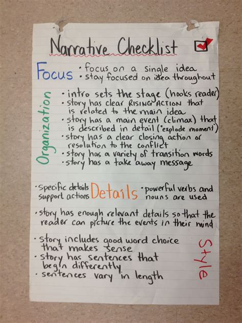 Narrative Checklist Teaching Checklist Climax