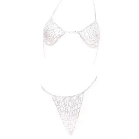 Rhinestone Chain Lingerie Women Bra Top Harness Thong Set Bikini Body Jewelry Chain Underwear