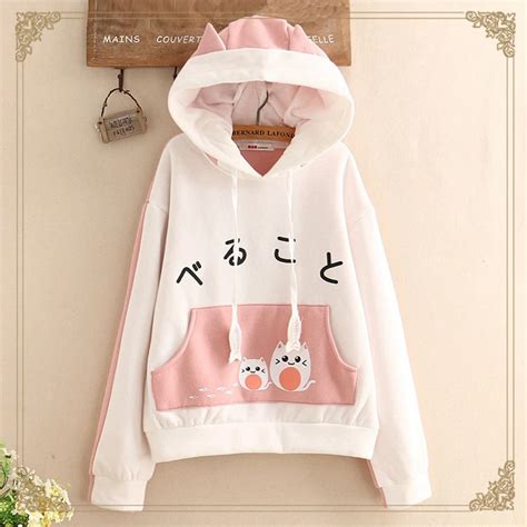 Japanese Harajuku Cartoon Cat Hooded Sweatshirt Womens Hoodies Cotton