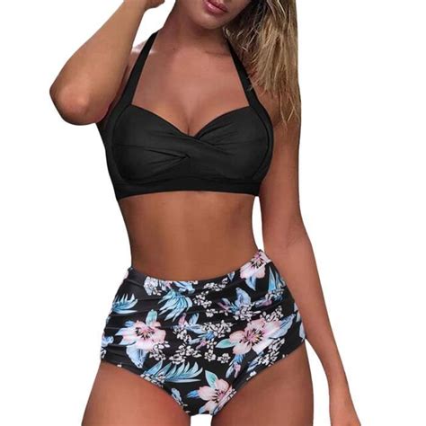 Maillot de Bain Pieces Femme Licou Bikini Froncé et Torsadé Ensemble Bikini à Laçage Dames