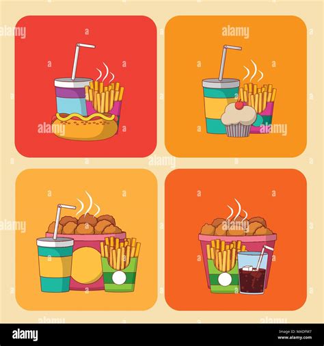 Set Of Fast Food Icons On Squares Vector Illustration Graphic Design Stock Vector Image And Art