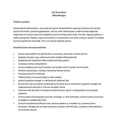 Office Manager Job Description Template Free Word Pdf Format