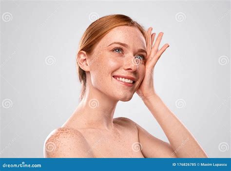 Charming Redhead Female With Naked Shoulders On Gray Background Stock Image Image Of Cosmetic