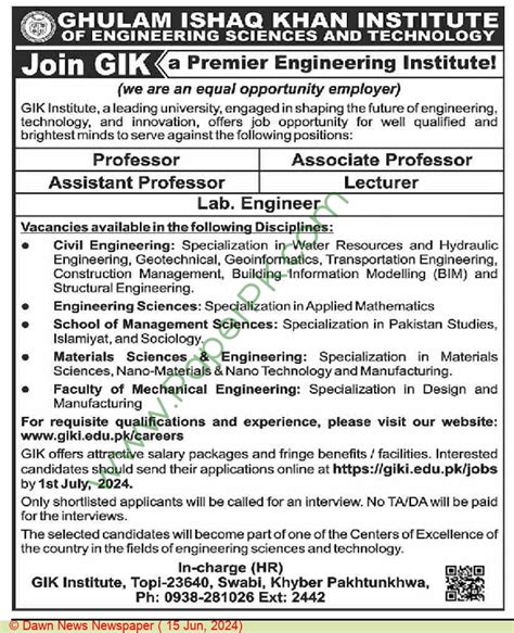 Professor Jobs In Swabi At Giki Ghulam Ishaq Khan Institute Of