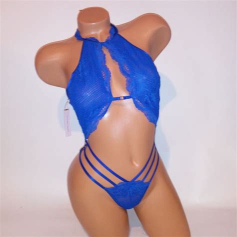 Victoria Secret Lingerie Teddy One Piece Bodysuit Royal Blue Lace Strappy Cutout EBay