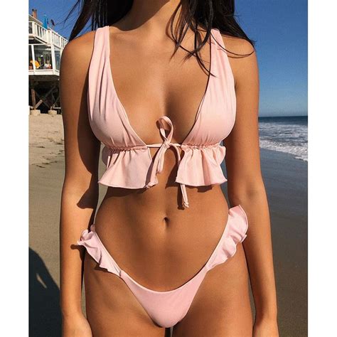 New Women S Ruffle Edge Tie Front High Waisted Sexy Bikini