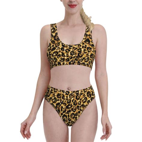 Adobk Gold Glitter Leopard Print Women High Waisted Bikini Set Sports Swimsuit Bathing Suit