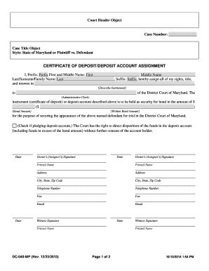 Fillable Online Courts State Md CERTIFICATE OF DEPOSIT DEPOSIT