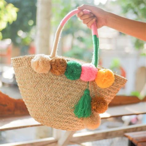 Jual Tas Bakul Anyam Mendong Natural Pompom Lilit Tas Mendong Hias