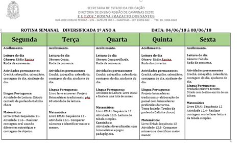 Novas Rotina Semanal Pedagógica 1º Ano A Profª Patrícia