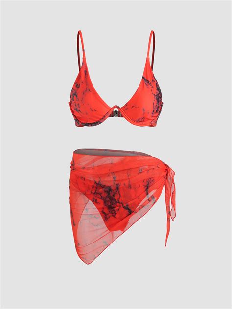 Marble Print Underwire Bikini Sarong For Vacation