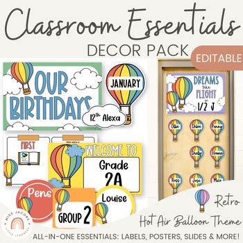 Retro Hot Air Balloon Theme Classroom Decor Bundle Essential Decorations Pack