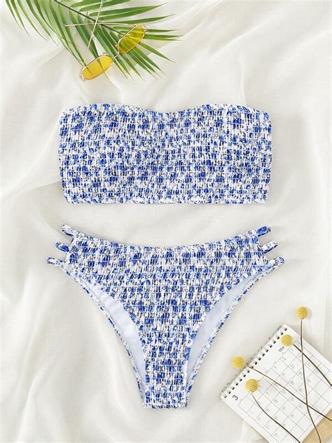 Shein Swim Mod Ditsy Floral Print Bikini Set Smocked Cut Out Bandeau Bra Bikini Bottom Piece