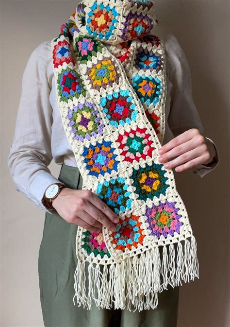 Crochet Black Afghan Scarf for Women Retro Granny Square - Etsy