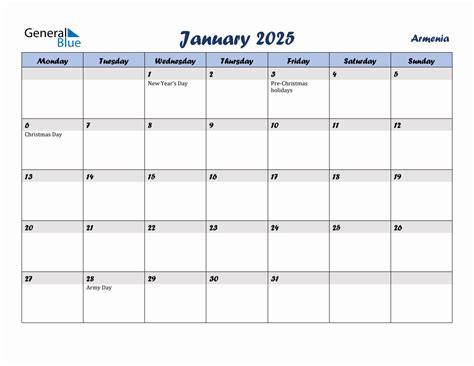 January 2025 Monthly Calendar Template with Holidays for Armenia