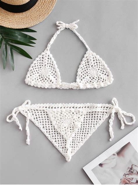 Off Popular Halter String Crochet Bikini Swimsuit In White Zaful
