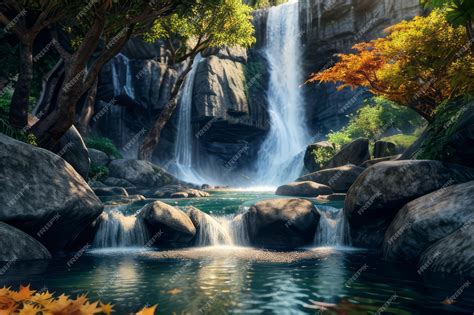 Premium Photo | Waterfall landscape with maple tree relaxing background ...