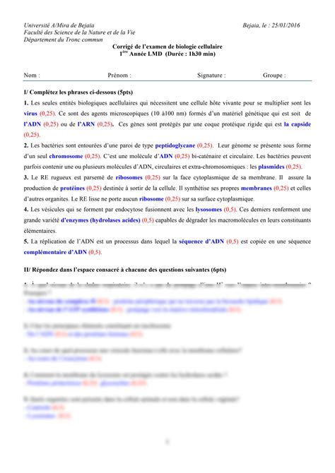 Solution Corrig De L Examen De Biologie Cellulaire Unniv Bejaya