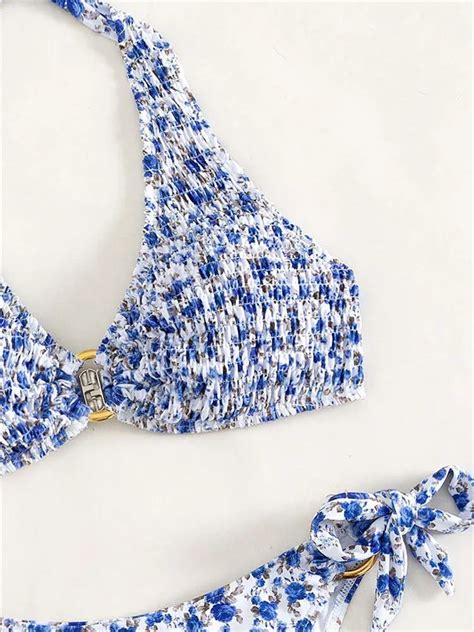 Pink Floral Print Micro Micro Bikini With Ring Linked Pleate And Push