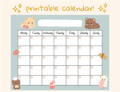 cute bear open printable calendar digital  calendar instant