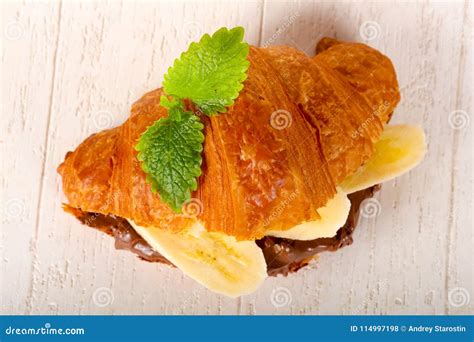 Croissant With Chocolate And Banana Stock Photo Image Of Puff