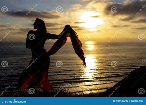 Lovely Brunette Bikini Model Relaxing On The Shoreline At Sunset Stock