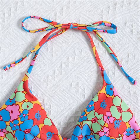 Sexy Flower Print Reversible Thong Bikini Swimwear