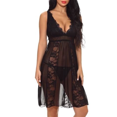 Femmes Sexy Longue Dentelle Lingerie Chemise De Nuit Sheer Robe Chemise G String N Noir