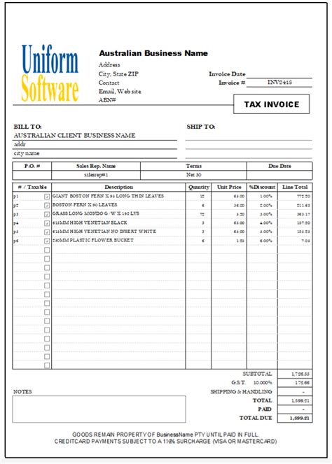 Tax Invoice Template Australia