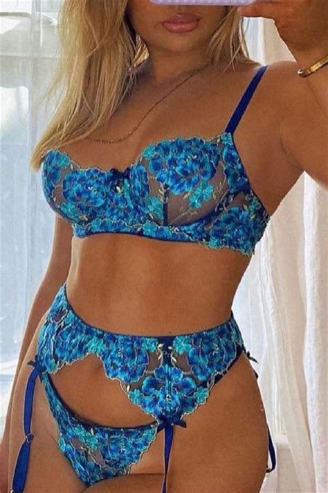 Wholesale Blue Fashion Sexy Embroidery See Through Backless Lingerie