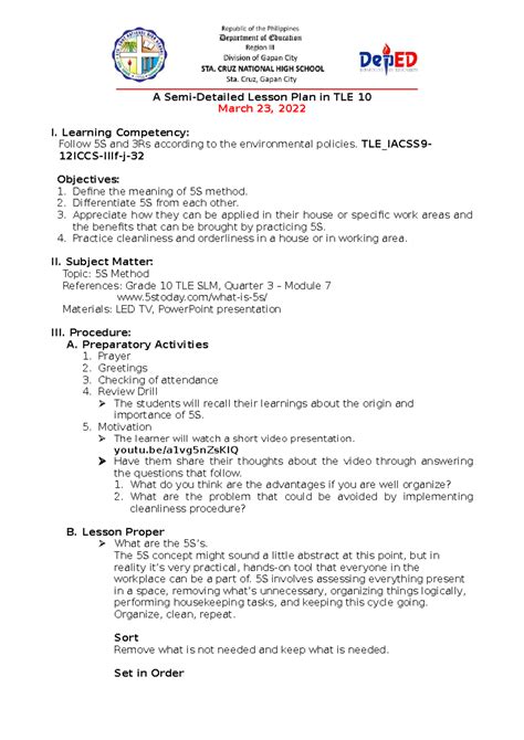 Tle S Lesson Plan A Semi Detailed Lesson Plan In Tle March