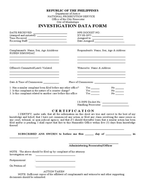 muntinlupa investigation data form  complaint prosecutor