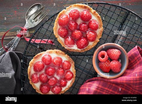 Red Raspberry Shortbread Tarts With Vanille Custard And Glazed Fresh