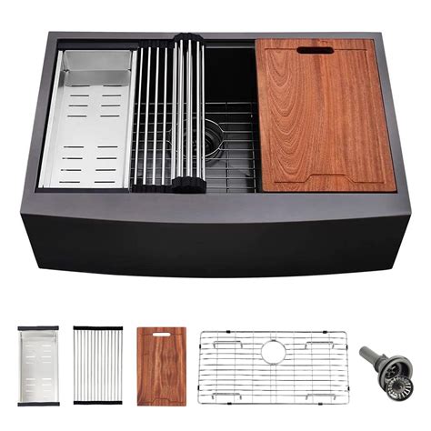 PEPO Workstation Apron-Front Kitchen Sink 36 Inch Gunmetal Black