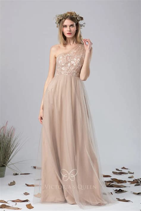 One Shoulder Floral Lace Nude Tulle Overlay Bridesmaid Dress VQ