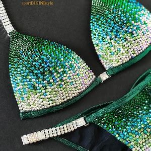 Green Bikini Metallic Spandex With Crystals Competition Suit Posing Suit Rhinestone Fitness